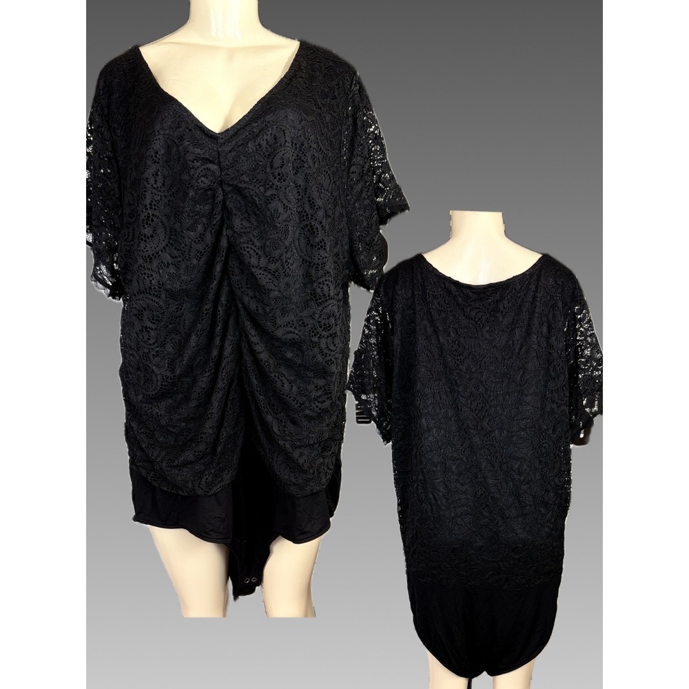 Torrid Black Floral Lace Lined Cinch Front Bodysuit Sheer Short Sleeve V-Neck 5X